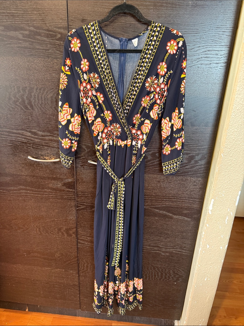 Embroidered looking print Navy Floral V-Neck jumpsuit with Waist Tie
